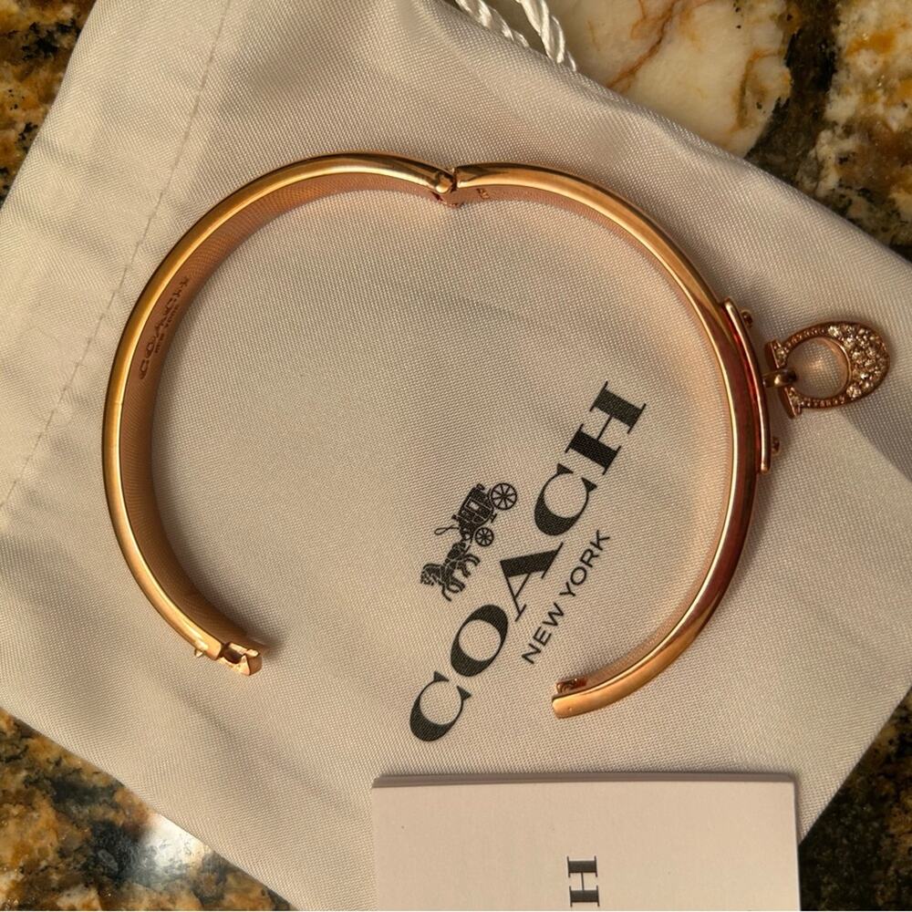 Coach Signature"C" Rose Gold Rhinestone Hinged Bangle - Picture 3 of 5